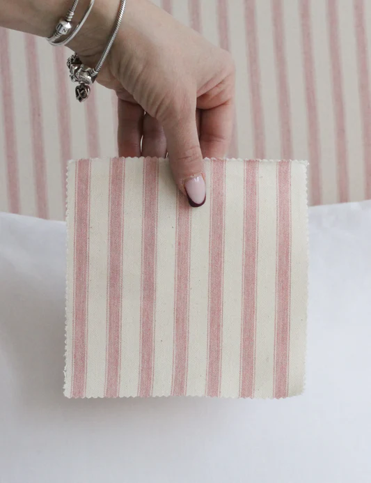Ian Mankin ticking stripe pink headboard